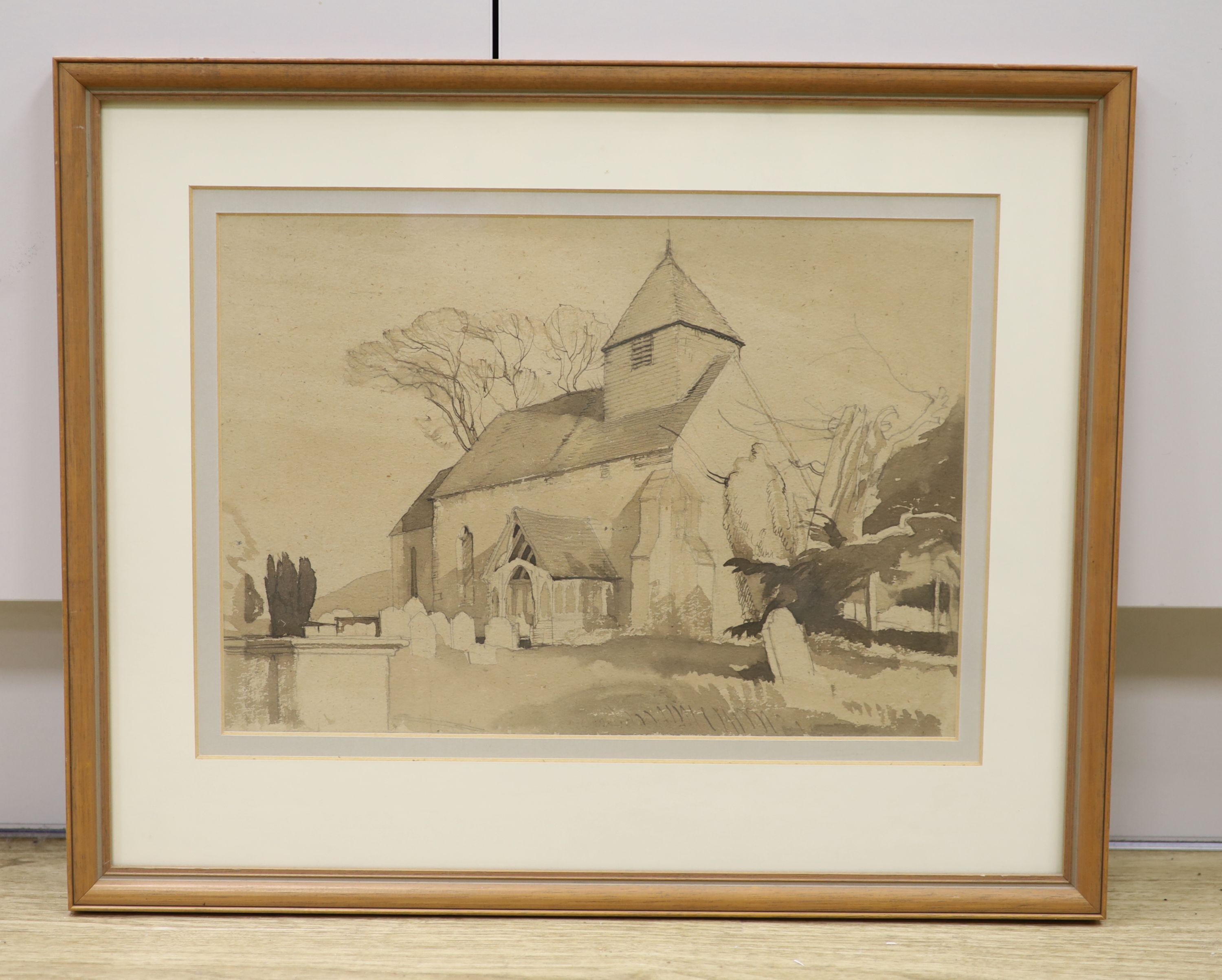 Charles Knight R.W.S., R.O.I. Westmeston Church, black ink and wash, 27 x 38cm.